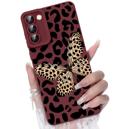 CASBST for Galaxy S21 5G Phone Case, Leopard Butterfly Pattern, Wine Red