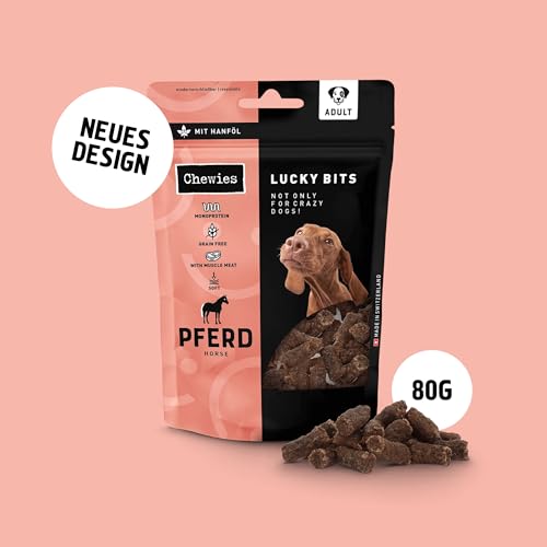 Chewies Lucky Bits Pferd Adult Hundeleckerli - Hunde-Leckerlis getreidefrei & Soft mit viel Protein und Superfoods wie Bierhefe oder Ginkgo, ohne Zucker (80 g)