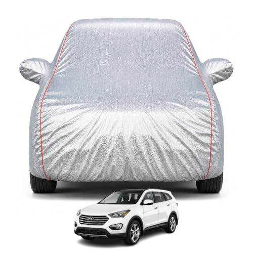 Image of Premium Car Cover for Hyundai's Santafe Model | Waterproof, UV & Dust Protection | Mirror & Antenna Pocket | Triple Stitched, Soft Inner Lining, Belt & Buckle (Metalic Silver)