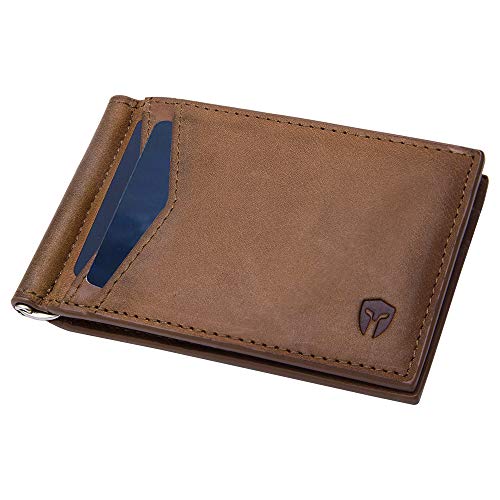 RFID Blocking Slim Minimalist ID Outside Front Pocket Wallet, Money Clip, 9 Slots, Leather (Brown)