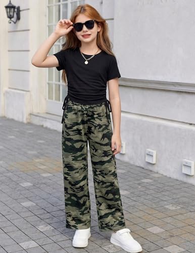 Image of Arshiner Girls 2 Piece Outfit Ruched Drawstring Tops and Wide Leg Pants Set