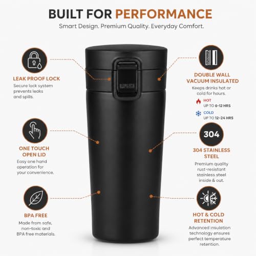 Image of Premium Stainless Steel Coffee Mug with Leak-Proof Lid - 300ml Vacuum Insulated Travel Tumbler for Hot & Cold Beverages, Double Walled Reusable Coffee Cup for Office, Home & Car (Black)