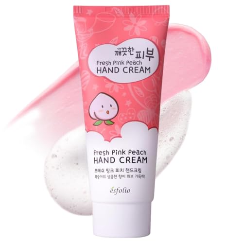 esfolio Fresh Pink Peach Hand Cream Moisturizing Korean Hand Lotion with Peach & Apricot Extracts Softens Hydrates & Smooths Dry Skin Lightweight Non-Greasy Formula (3.38 OZ/100ML)