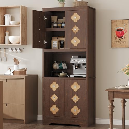 Garvee 72" Tall Pantry Cabinet, Kitchen Hutch Storage Cabinet with Countertop for Microwave, Freestanding Wooden Cupboard with Carved Door & Crystal H