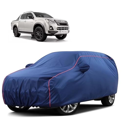 Image of Sulfar 100% Water Resistant Car Body Cover Compatible with Mirror for Isuzu V-Cross (Triple Stitched, Full Bottom Elastic, Blue Tafetta with Red Piping)