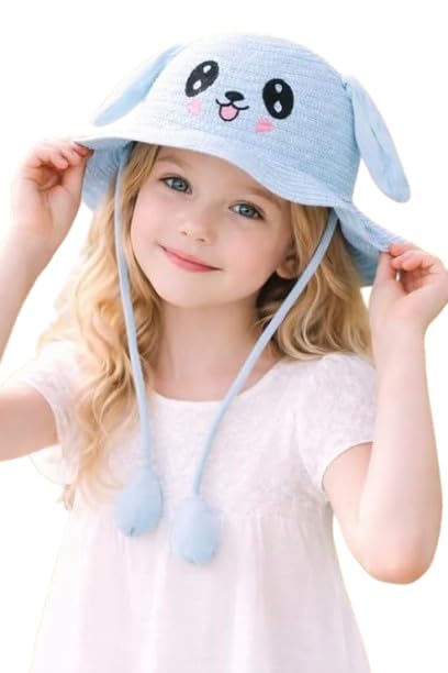 Image of FabSeasons Kids Cute Straw Sun Hat with Moving Ears (Ages 4-8 Years) | UV Protection, Wide Brim, Foldable, Beach Bucket Cap | Girls & Boys Breathable Summer Sun Hat with Inner Adjustable String