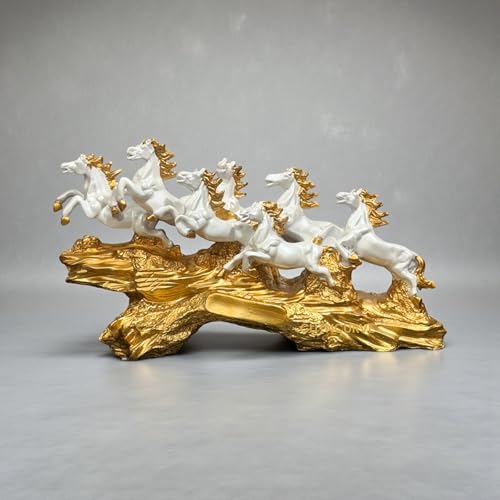 Image of 7 Running Horses Statue for Home Decor, White & Gold Resin Vastu Feng Shui Showpiece, Symbol of Prosperity, Decorative Gift for Living Room, Office, Housewarming, 17.5 Inch