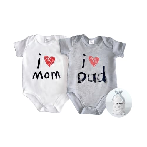 Image of CREVENT Set for Newborns 0-3 Month 100% Cotton Bodysuit- I Love Dad & Mom Onesie 2 Packs (Grey & White Rompers with a Gift Bag)