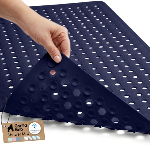 Image of GORILLA GRIP Patented Bath Tub Shower Mat, Machine Washable Bathtub Floor Liner Mats, Suction Cups and Drain Holes to Keep Tubs Clean, Soft on Feet, Bathroom Essentials, 35x16 Inch, Navy Opaque