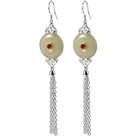 MIYUAN Women 925 Sterling Silver Retro Tassels Eardrop Natural Hetian Jade Earrings Cover
