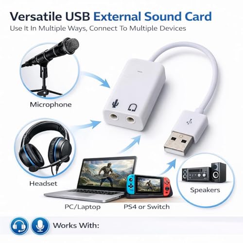 Image of 7.1 USB Gaming Sound Card, Channel External Audio Adapter Stereo Sound Card Converter 3.5mm AUX Microphone Jack for Gaming Headset Earphone PS4 Laptop Desktop Windows Mac OS Linux, Plug Play