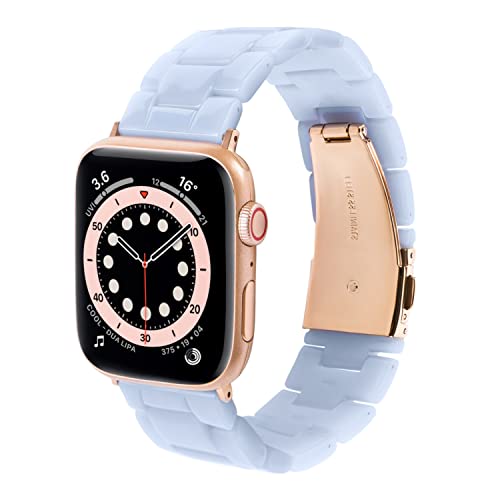 HOPO Compatible With Apple Watch Band Series 8 Series 7 Series SE Series 6 5 4 3 2 1 Thin Light Resin Strap Bracelet With Stainless Steel Buckle Replacement For iWatch (Pearl Blue/Rose Gold,42/44/45/49mm)