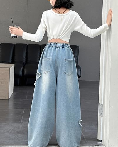 Girls Wide Leg Jeans Elastic Waist Baggy Butterfly Printed Jeans Y2k Aesthetic Loose Denim Pants 6-14 Years2