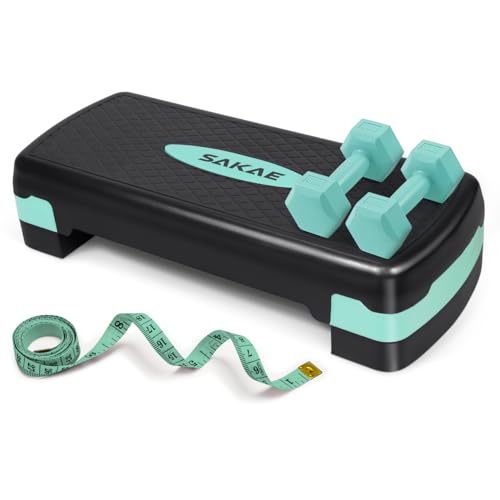 Adjustable Height Aerobic Stepper Set with 2 Dumbbells & Measuring Tape Workout Exercise Step Platform w/Level Risers Green Black the Ultimate Gift for a Joyful Holiday and Merry Christmas