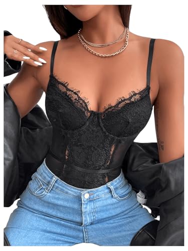 SHENHE Women's Floral Lace Spaghetti Strap Sheer Mesh Sleeveless Cami Bodysuit Tops4