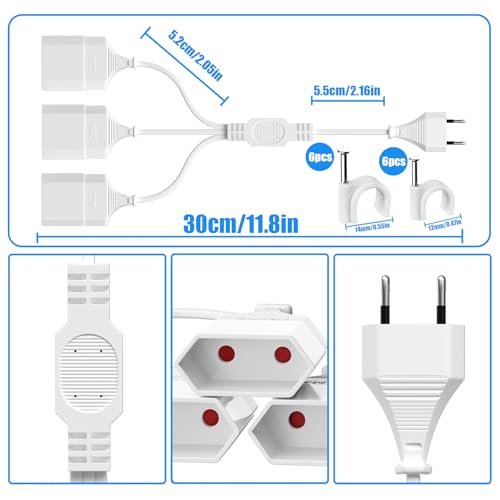 EU Verlängerungsstecker Verlängerungskabel Eurostecker, 3 in 1 Steckdosenadapter mit Flexible Kable, Euro Flaches Stromkabel Verlängerung, 2M EU Flachstecker Verteiler 250V Weiß