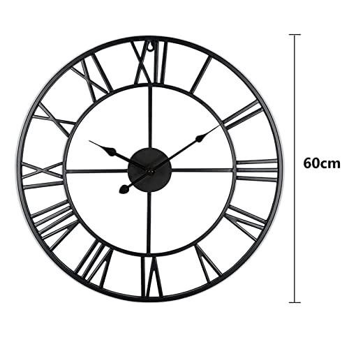 Shoze Vintage Large Black Wall Clock - 60CM Round Silent Skeleton Roman Numerals Battery Hanging Clock for Living Room, Bedroom, Kitchen, Hotel, Office - Image 3