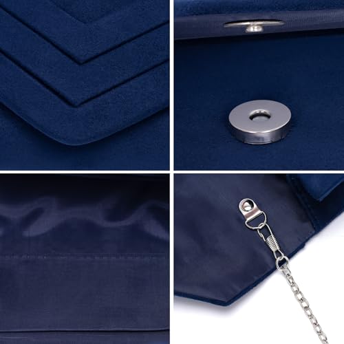 Larcenciel Clutch Dunkelblau, Wildleder Handtaschen Damen mit Abnehmbarer Kette, Elegante Umschlag Abendtasche, Klassisch Plissiert Tasche, Mode Crossbody Tasche für Hochzeit Party Bankett, 22x11x5CM