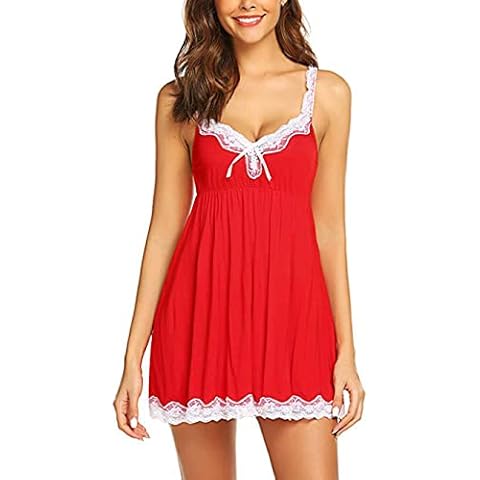 Bunanphy Women Lingerie Lace Babydoll Strap Chemise Teddy V Neck Sleepwear Dress Set Red #F 8-10 Cover