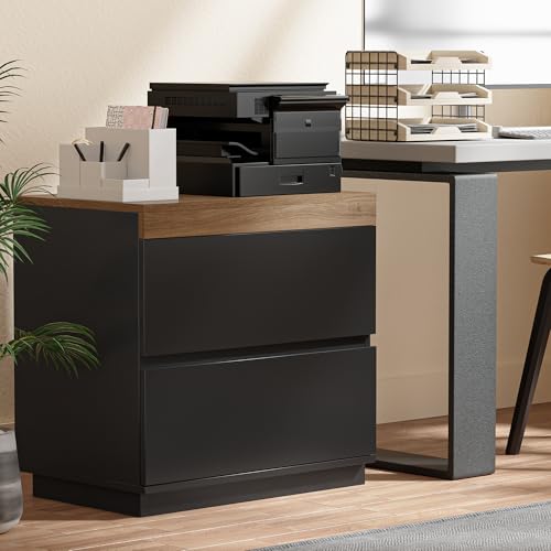 Image of Nightstand with Oak Top, 23.7 inch Wide Night Stand with 2 Drawers, Simple Black Nightstand, Modern Bedside Table for Bedroom