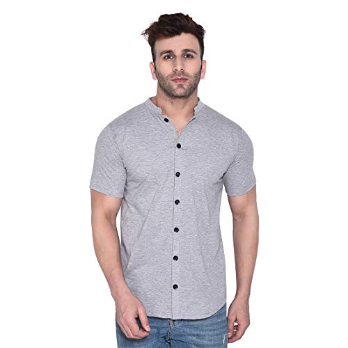 Image of Geum Men's Cotton Half Sleeve Grey Mandarin Collar Casual Shirt