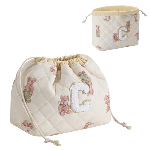RSRSLEII Initial A-Z Quilted Cotton Drawstring Makeup Bag, Monogrammed Birthday Gift for Women Girls,Aesthetic Personalized Chenille Letter Travel Cosmetic Pouch with Bear Pattern(C)