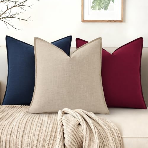 Image of decorUhome Fall Burgundy Linen Throw Pillow Covers 16x16 Set of 2 | Decorative Soft Cozy Modern Farmhouse Boho Accent Pillow Cases with Flange Edges for Couch Bed Sofa Living Room Home Decor