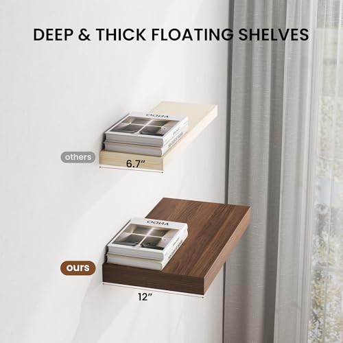 Image of Dreamland 40 inch Floating Shelves for Wall, 12 inch Deep Thicker Walnut Floating Shelves, Wall-Mounted Shelves for Bedroom, Living Room, Kitchen, Bathroom - Set of 2