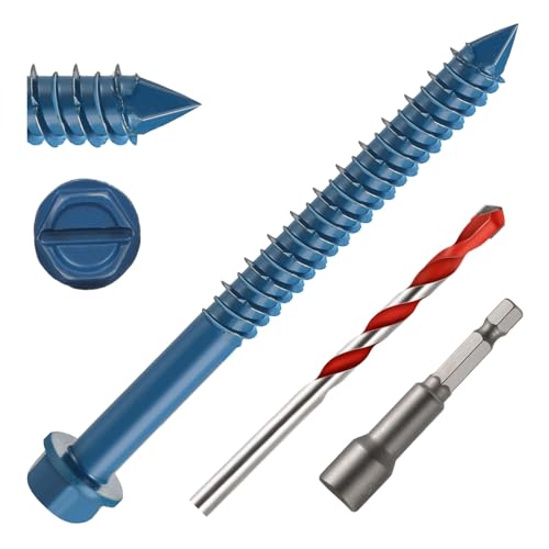 1/4" x 3-1/4" Concrete Screws, 50 PCS Blue Hex Washer Head Concrete Screws Anchor Kit with Drill Bit and Hex Bit Socket, for Masonry, Cement, Block, Brick or Stucco