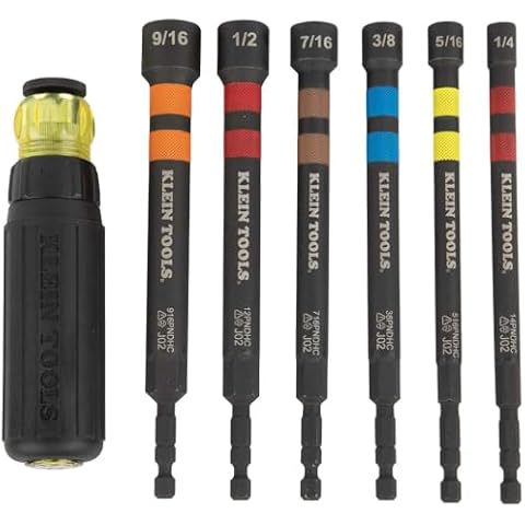 Klein Tools 32950 Ratcheting Impact Rated Hollow Power Nut Driver Set with Handle, Magnetic, Color Coded, 6 SAE Hex Sizes Cover
