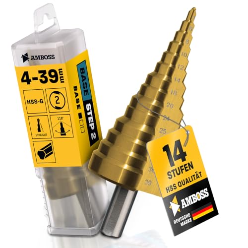 Foret étagé Ø 4-39 mm / 14 niveaux / tige de 10 mm / foret conique professionnel HSS / enclume PowerStep 2 / foret perforé pour acier, aluminium, plastique, verre acrylique