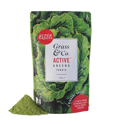 Grass & Co. Active Super Greens | Vegan Daily Greens Powder | 120g | Supports Energy, Digestion & Immunity | with Lion’s Mane, Moringa & Vitamins C, K2 & D3 | Apple & Ginger Flavour | 30 Day Supply