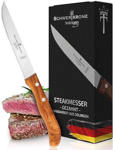 Foto von Schwertkrone Steakmesser Brotzeitmesser Frühstücksmesser Schinkenmesser Solingen Germany Olivenholz (Gezahnte Schneide)
