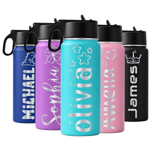 Image of Personalized Water Bottles for Kids with Engraved Name with Straw Lid Custom 18oz Insulated Stainless Steel Water Cups for School Customized Gifts for Boys Girls for Birthday Back to School BPA Free