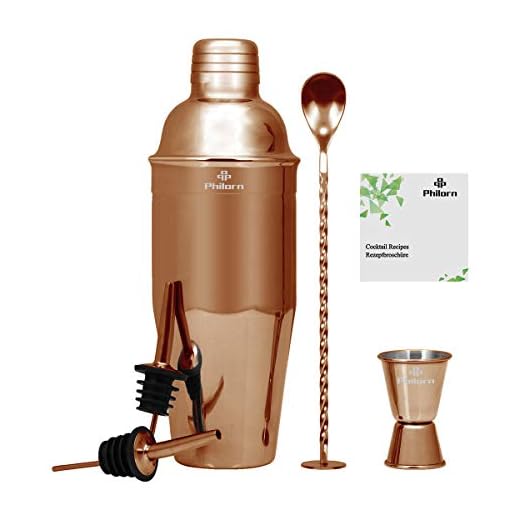 PHILORN Coctelera Set de 5 Piezas 304 Acero Inoxidable Camareros Coctelera de 750ml Martini 15/30ml Jigger de Medición 2 Pourers de licor Receta de Bebidas Cobre 750ml