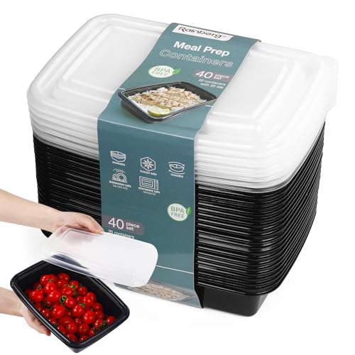 Rainberg Meal Prep 10 Piece Black Plastic Food Storage Container | with Lids | 1 Compartment | Lunch Boxes | Microwave, Freezers, Dishwashers Safe | 28 oz