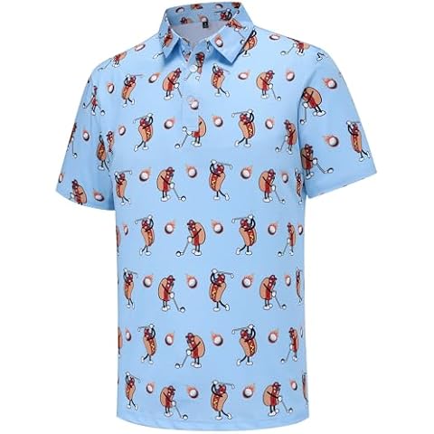 Mens Golf Polo Shirts Short Sleeve Performance Moisture Wicking Dry Fit Casual Print Funny Golf Polo Shirts for Men, Hot Dog Golf Cover