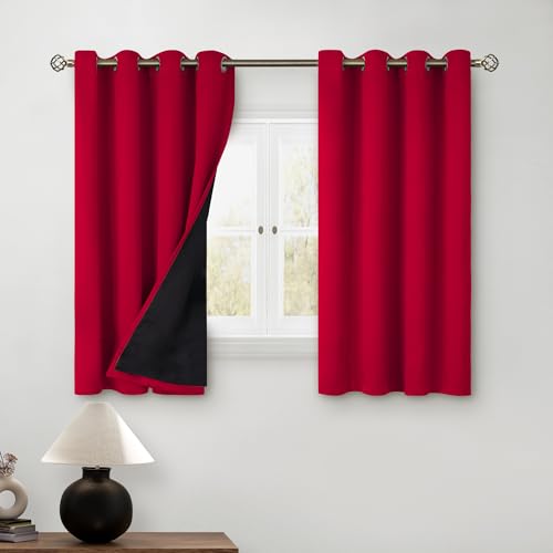 BGment Red Short Blackout Curtains for Bedroom, Thermal Insulated Energy Efficiency Noise Reducing Grommet Curtains 45 Inch Length with Liner for Small Window 2 Panels Each 52 Inch Wide