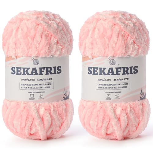 Image of Fuzzy Chunky Chenille Yarn for Crocheting，Soft Plush Yarn for Hand Knitting，Bulky 2x100g （2x49.2yd） Baby Blanket Yarn for Crocheting Amigurumi Yarns，Crochet Fluffy Velvet Yarn (2 Pale Pink)