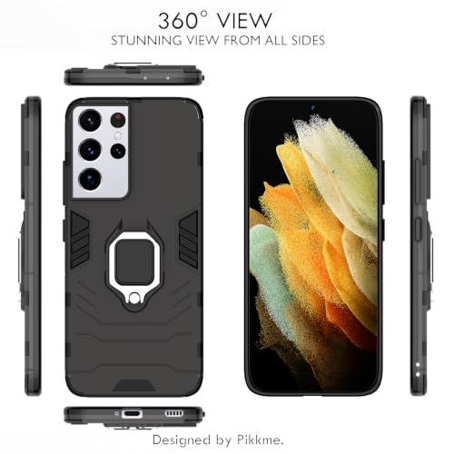 Image of Pikkme D5 Tough Armor Bumper Back Cover Case for Samsung Galaxy S21 Ultra |Ring Holder & Kickstand in-Built (Black)