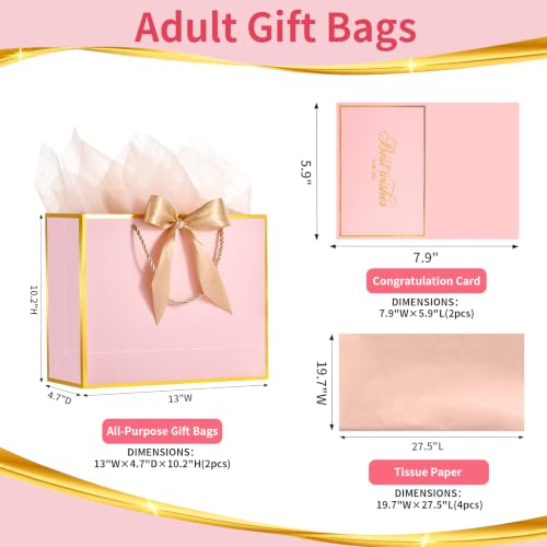 Image of Powbrace 13 inch Medium Pink Gift Bag Set with Handle - 2 Bags Featuring Bows, 4 Tissues, and 2 Greeting Cards for Wedding, Baby Shower, Father's Day, Mother's Day, Birthday Party