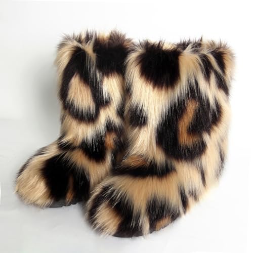 Women Faux Fur Boots Furry Plush Winter Fashion Shoes Fluffy Warm Snow Boots Mid-Calf Comfortable Outdoor Flat2