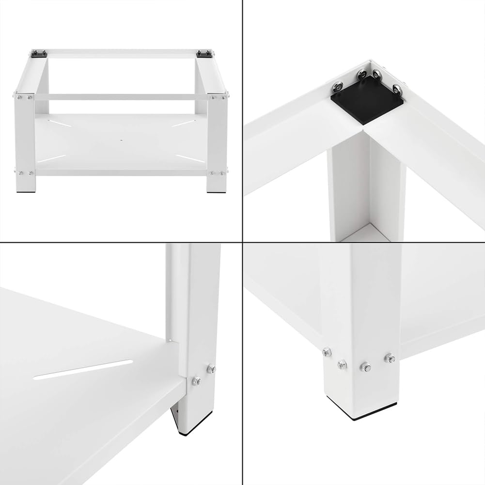 Supporto per Lavatrice e Asciugatrice con Ripiano, Base per Elettrodomestici in Acciaio Capacità 150kg, Basamento con Piedini in Gomma Antiscivolo, Rialzo con Mensola Bianco 31 x 63 x 54 cm