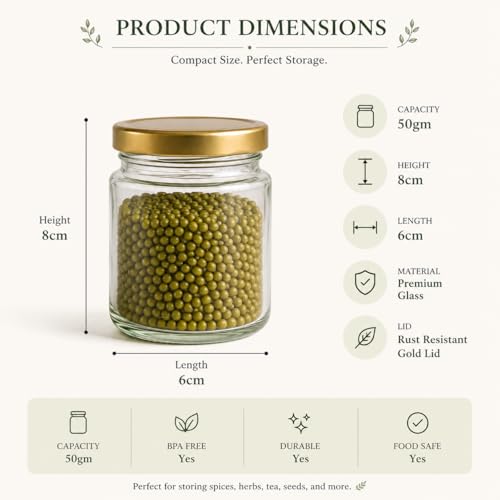 Image of Pure Source India Premium 50gm, 6 Pcs Glass Jar with Gold Lug Cap | Airtight Food Storage Jar for Honey, Jam, Pickles, Spices & Preserves