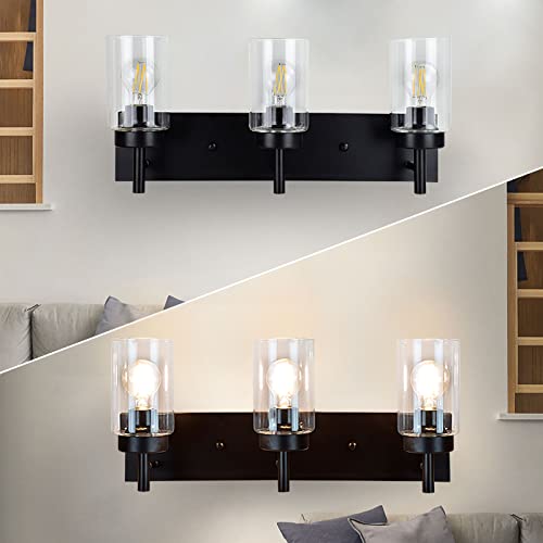 Image of DLLT Wall Light Fixture, Vintage Bathroom Vanity Light with 3 Clear Glass Shade, Wall Sconces Lamp for Powder Room, Hallway, Kitchen, Mirror, Laundry Room (E26 Base)