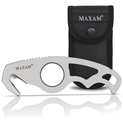 Maxam Gut Hook & Sheath - Hunting Knife for Gutting & Skinning Deer, Elk, Hogs, Cutting Fishing Lines, Lift Hot Grates - Stainless Steel Blade with Pouch - Outdoor Survival Gear for Hunters - 5-inch Cover