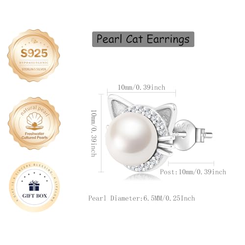 Cat Pearl Earrings - Sterling Silver Blue/Black/Gold/White Cultured Pearl Stud Earrings, Cute Small Animal Jewelry Gifts for Women Cat Lovers3
