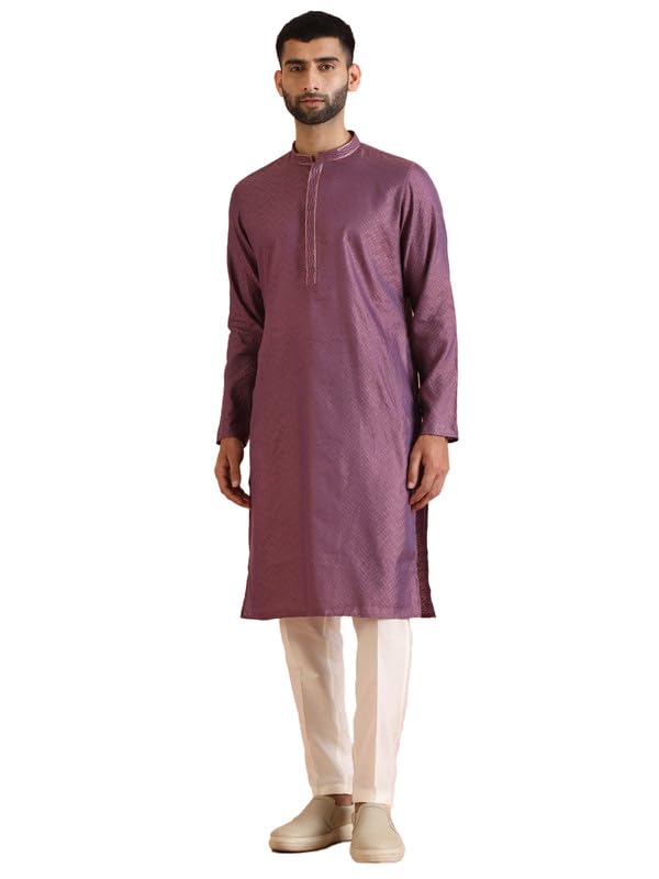 kisah Men's Kurta Trouser Set, Mauve Silk Blend, Jacquard Regular Fit Mandarin Collar Long Sleeves (44)-picture-13