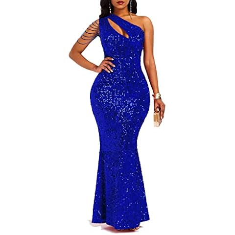 Cololura Frauen Paillette Elegant Sexy Eine Schulter Quaste Schräger Kragen Meerjungfrau Bodycon Cocktail Abendkleid Cover