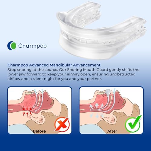 CHARMPOO Adjustable Snoring Mouth Guard: Mandibular Advancement Anti Snoring Devices - Soft Reusable Snore Reducing Aid for Men & Women, Nighttime Support for Home & Travel - 4